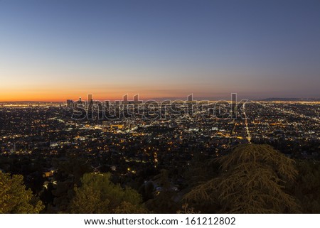 Hollywood Hills view of the City of Los Angeles before dawn.