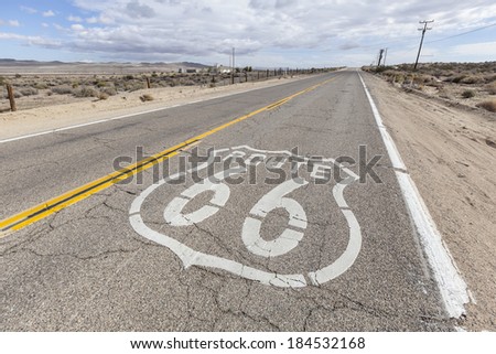 Historic US Route 66 through California\'s arid Mojave desert.