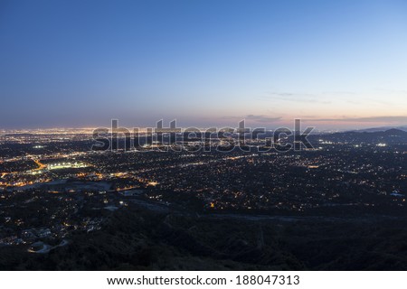 Dusk sky over Los Angeles, Pasadena and Glendale in Southern California.