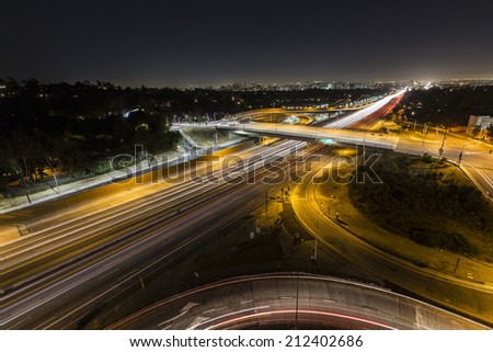 Sunset Blvd ramps and the San Diego 405 freeway at night in Los Angeles, California.