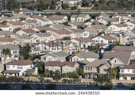 Rows of contemporary middle class homes near Los Angeles, California.