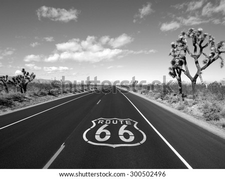 Route 66 crossing the Mojave desert black and white.