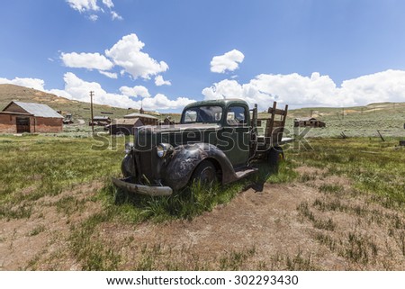 BODIE, CALIFORNIA, USA - July 6, 2015:  Abandoned pickup truck at Bodie State Historic Park near Mammoth Lakes, California.