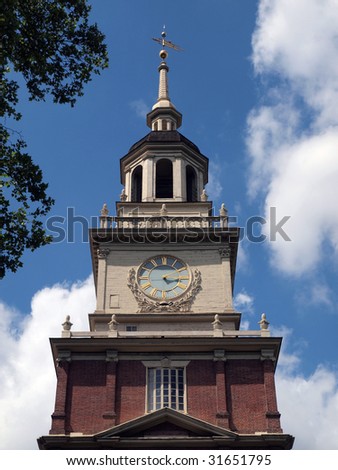 The Clock Tower with cumulus clouds at Independence Hall National Park in Philadelphia PA.