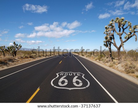 Route 66 crossing California\'s Mojave desert.