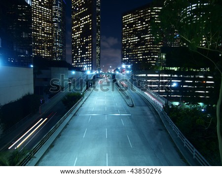 Downtown Los Angeles. Modern city street, late at night.