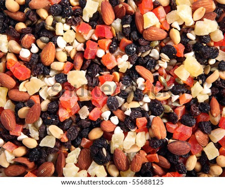 Colorful tropical trail mix.  A healthy snack.