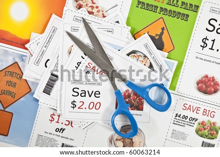 Fake coupons on a fake coupon background.  All images were taken by the photographer.  The text is fictional.  The bar codes are made up.  No actual ads were used.