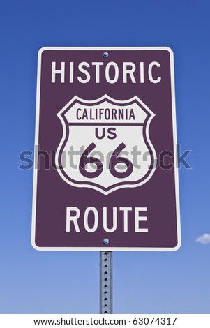 Historic California US Route 66 road sign.
