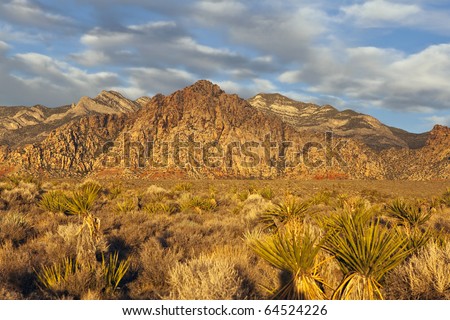 Warm sunrise light at La Madre peak in Nevada\'s Red Rock National Conservation Area near Las Vegas.
