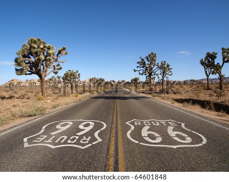 Route 66 with Joshua Trees deep inside California\'s Mojave Desert.