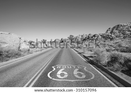 Joshua Tree highway with Route 66 pavement sign in black and white.