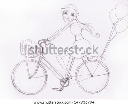 illustrated cute girl on Bicycle with balloons and a basket