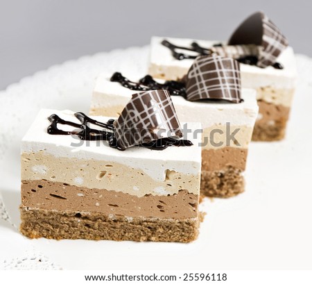 Delicious chocolate dessert decorated with strands of burned sugar