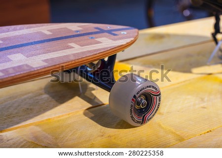 MILAN, ITALY - APRIL 16: Close up of skateboard at Tortona space location of important events during Milan Design week on April 16, 2015