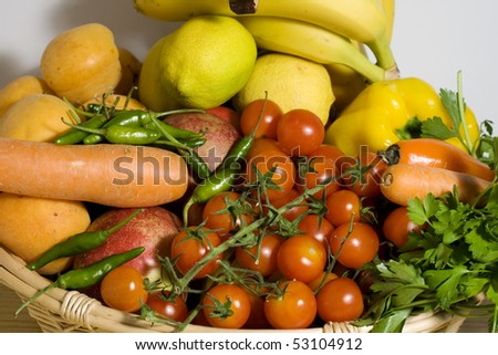 fruits and vegetables basket. stock photo : Wicker asket of fruits and vegetables