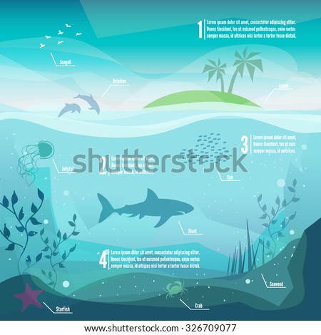Underwater infographics. Landscape of marine life - Island in the ocean and underwater world with different animals. Low polygon style flat illustrations. For web and mobile phone,print.