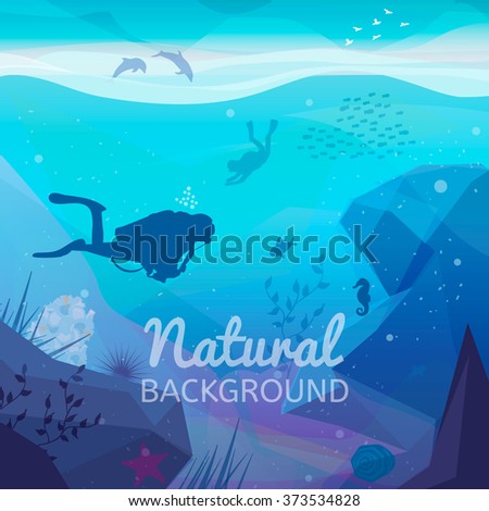 Underwater diving infographics natural background.  Landscape of marine life - Island in the ocean and underwater world with different animals. Low polygon style flat illustrations