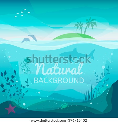Tropical sea natural background. Landscape of marine life - Island in the ocean and underwater world with different animals. Low polygon style flat illustrations. For web and mobile phone, print.