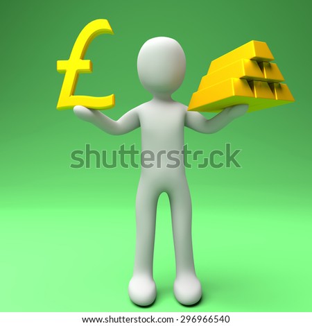 Pounds or Gold. Person holding two of the most traded currencies. Left hand versus right hand. Pounds to spare or Gold to spare. Full High Definition rendered illustration.