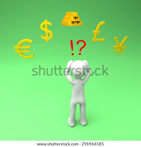 Person wondering which currency to trade. Thinking about what currency to use. Most traded currencies symbols. Rendered 3D illustration.