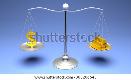 Dollar or Gold. Scales weighing two of the most traded currencies. Left versus right. Good choice versus bad choice. Profit or loss. Full High Definition 4K rendered illustration.