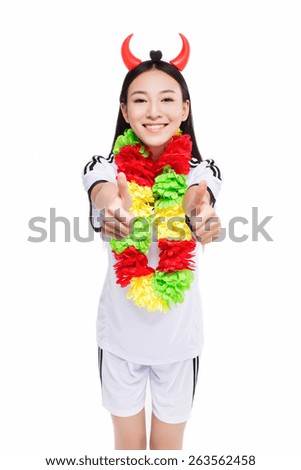 happy cheerleader holding pom-pom, white background