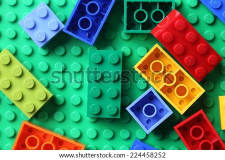 Tambov, Russian Federation - June 22, 2012:  LEGO Blocks on a green baseplate.