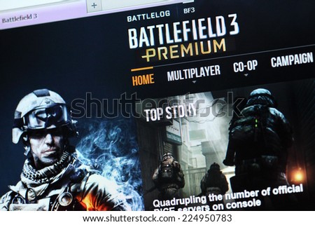 Tambov, Russian Federation - August 28, 2012: Battlefield 3 Premium main webpage on a computer screen. Battlefield 3 (BF3) is a first-person shooter (FPS) video game.