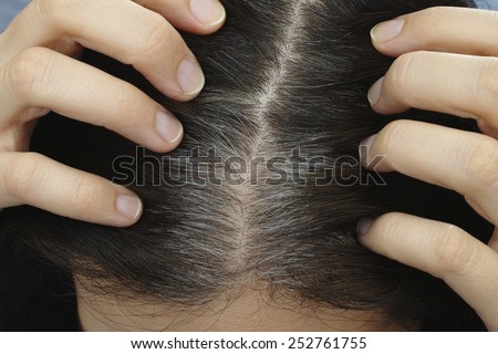 Going gray. Young woman shows her gray hair roots. Adobe RGB.