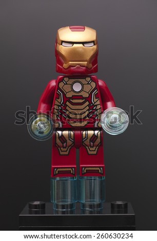 Tambov, Russian Federation - February 22, 2015 Lego Iron Man minifigure on black background. Studio shot.