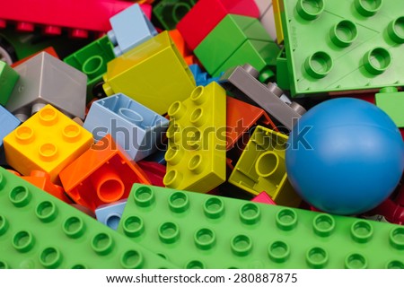 Tambov, Russian Federation - February 20, 2015 Heap of Lego Duplo Blocks and toys. Studio shot. All toys in heap manufactured by the Lego Group. Lego Duplo is a toys for children age 1,5-5.