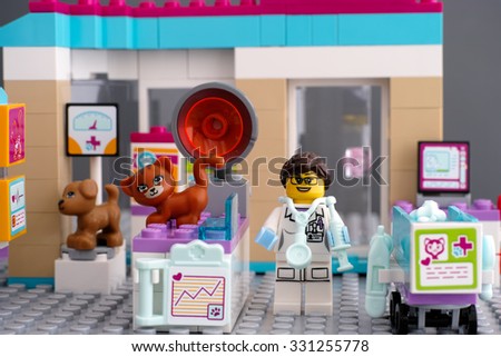 Tambov, Russian Federation - September 17, 2015 Lego Friends Vet Clinic with cat, dog and vet  minifigures. Studio shot.