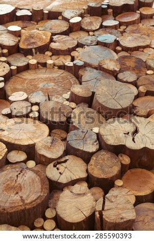 Old teak wood stump sections with cracks, annual rings and textured surface - blanks for tables and other production in the factory, Balinese furniture industry and  Indonesian natural backgrounds