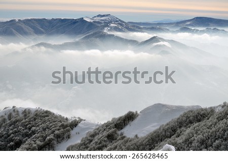 Winter landscape of snowy mountains with snow covered woods and peaks standing above the clouds.