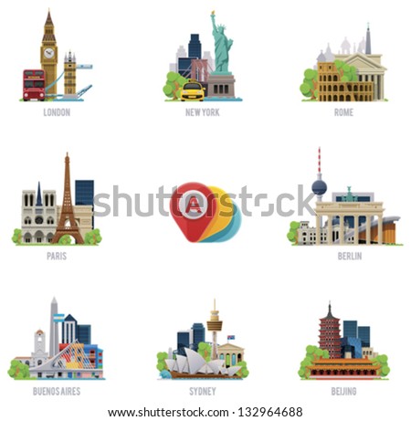 Vector travel destinations icon set Vector travel destinations icon set