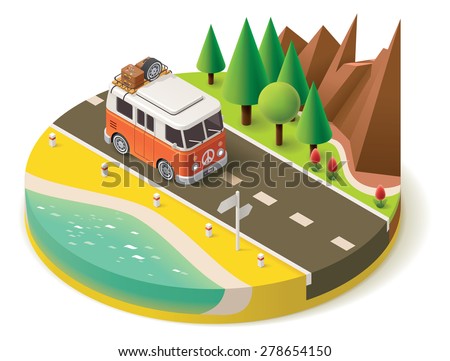 Vector isometric icon representing traveling camper van on the road near the beach and mountain