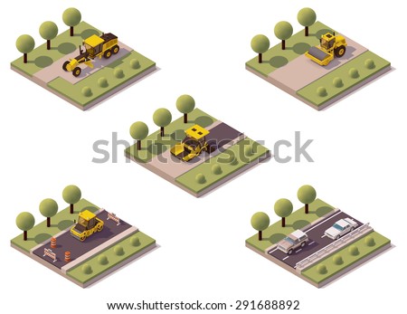 Vector isometric infographic element representing road surface asphalting technology and related machinery