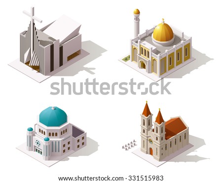 Vector Isometric icon set or infographic element set representing Muslim, Christian, Jewish temples buildings. Mosque, Catholic Church, Protestant Church, Synagogue