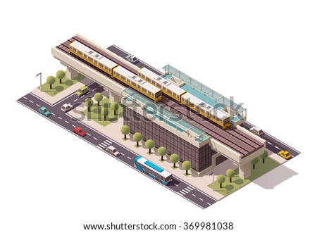 Vector Isometric icon or infographic element representing elevated train station with train, rails, station building, and city transport - cars, taxi and bus