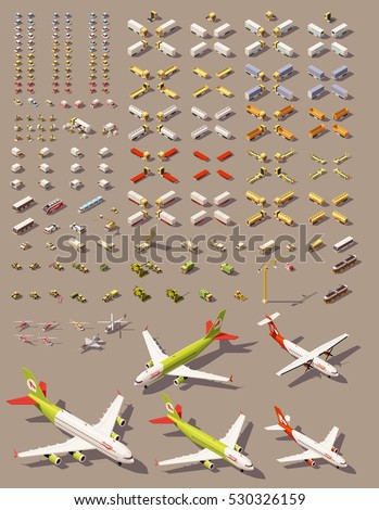 Vector isometric low poly transports set. Cars, trucks, tractors, airplanes, helicopters and other isometric vehicles