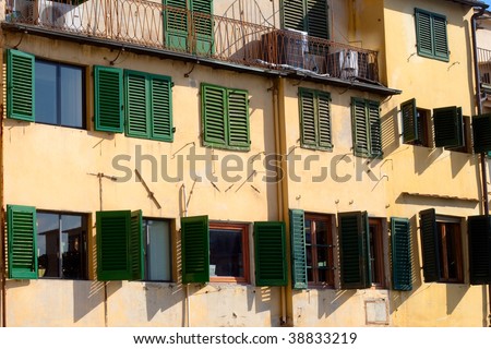 Detail of colorful shutters on the shops of Ponte Vecchio Florence