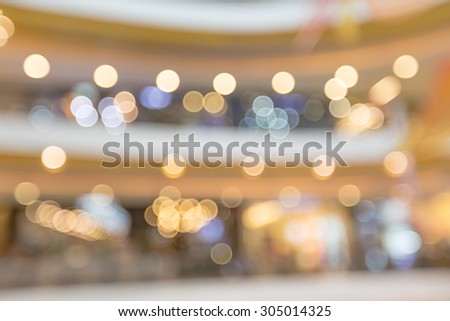 Blurred colorful interior of shopping mall with bokeh for summer sale and promotion background