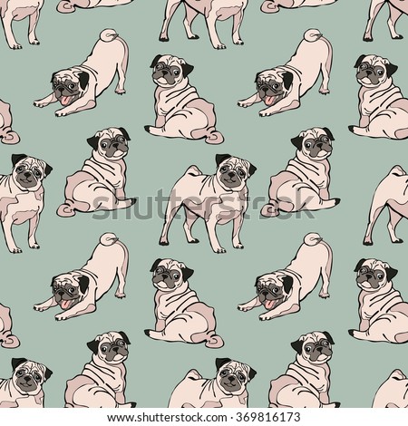 Cute dogs. Pug. Vector seamless pattern.