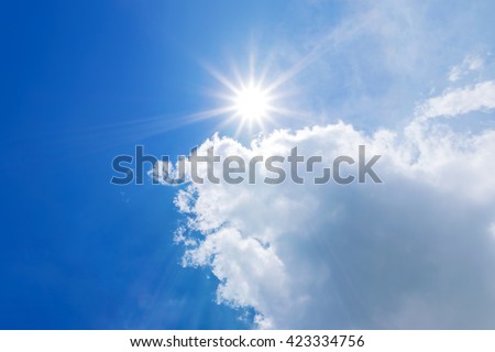 blue sky with clouds and sun reflection.The sun shines bright in the daytime in summer
