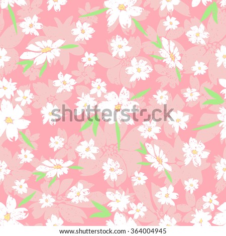 Vector seamless pattern with hand-drawn flowers, small white flowers on a background of large pink flowers