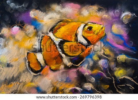 Original pastel painting on cardboard. Beautiful Clown fish. Modern art.