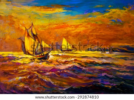 Original Oil Painting on Canvas- Sailing ships on the stormy water-Modern impressionism