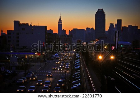 new york city subway train. of New York City sunset