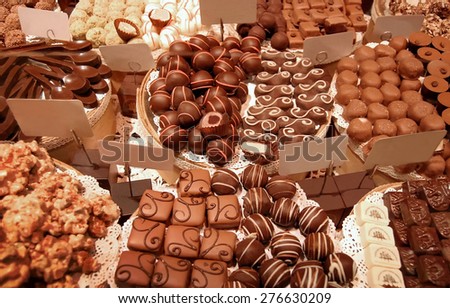 delicious chocolate candy in a candy store window